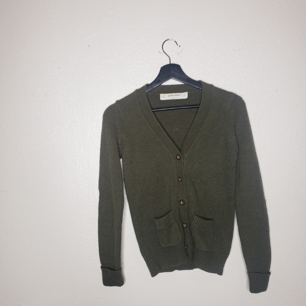 Zara Knit Button Up Green Elbow Patch Cardigan
